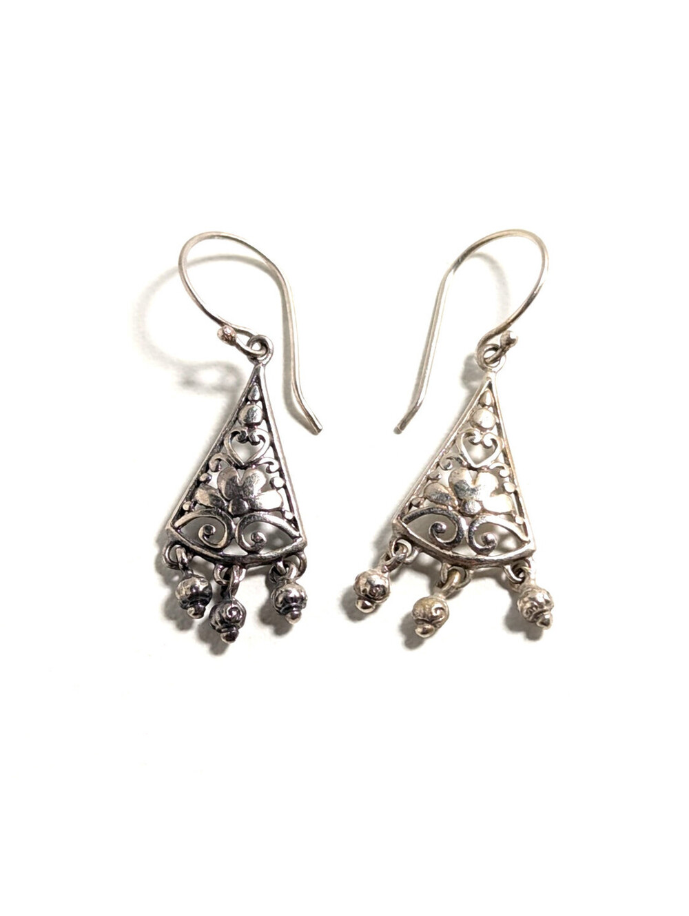 Classic Sterling Silver 925 Floral Triangle Fish Hook Dangle Earrings 3.04g